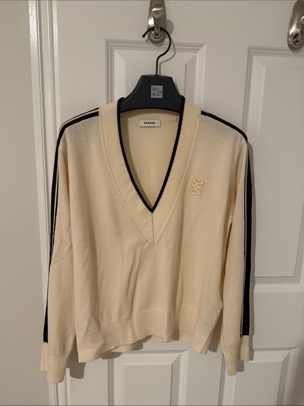 Sandro Cream V-Neck Sweater with Black Stripe Accents
